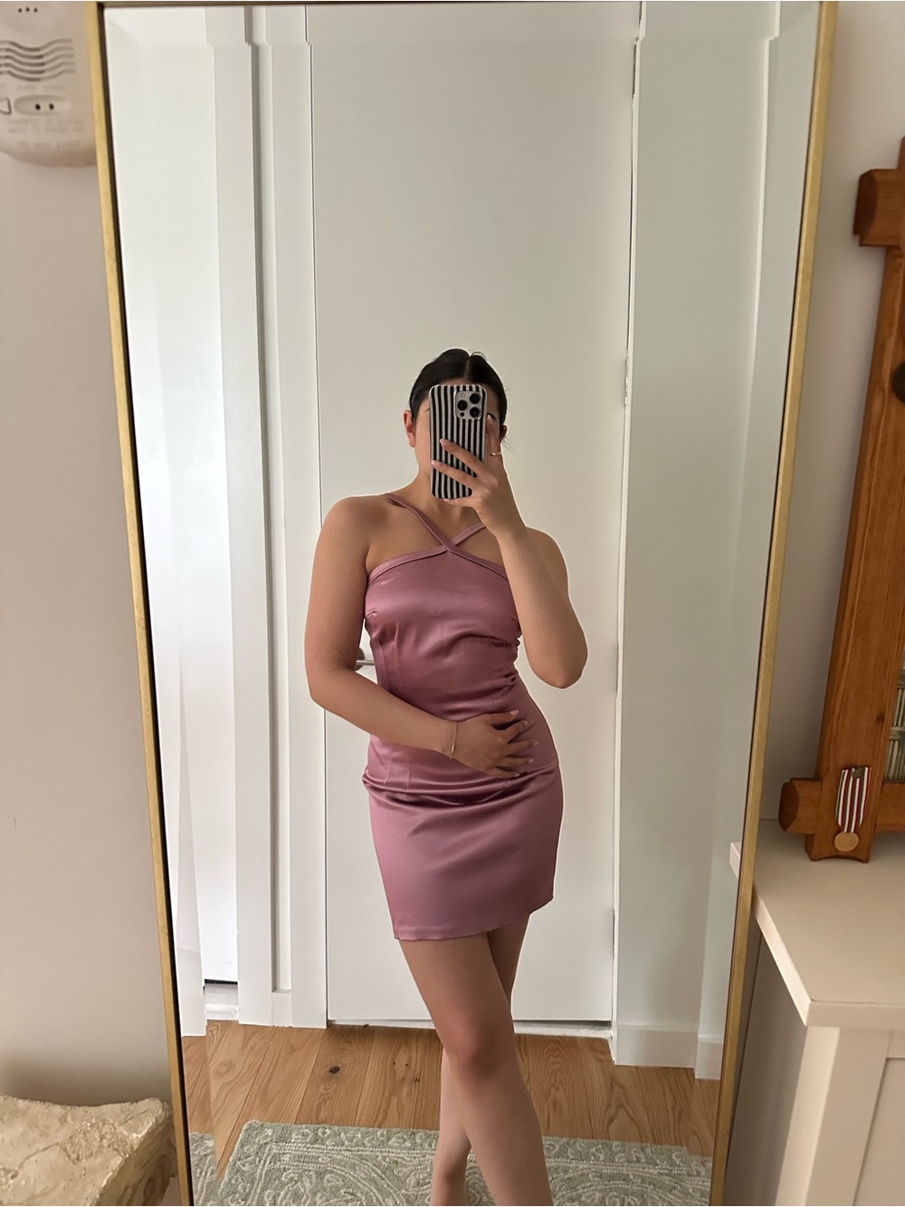 Satin One-Shoulder Mini Dress in Dusty Rose